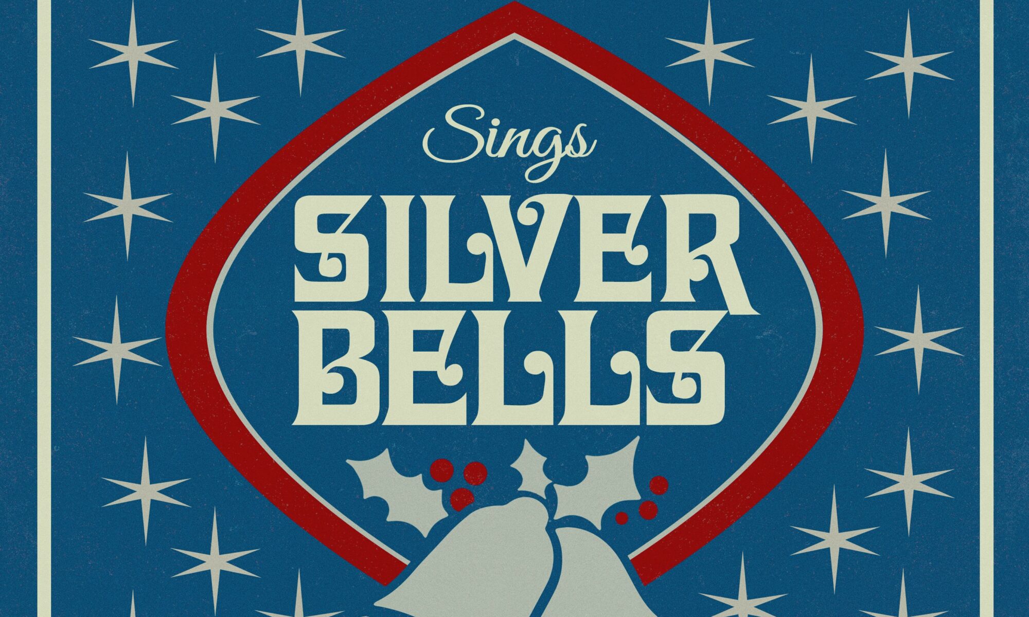 David Myles sings Silver Bells single featuring text in off-white on a blue background with holly, bells and stars